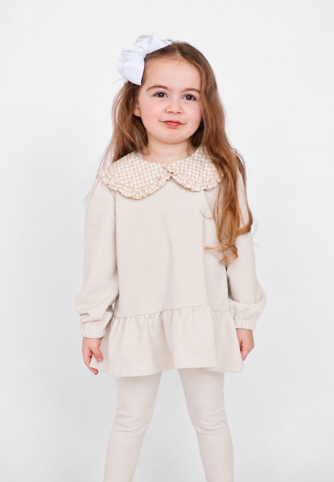 Posie Luxe Girls Checked  Jumper & Legging Tracksuit Set Beige
