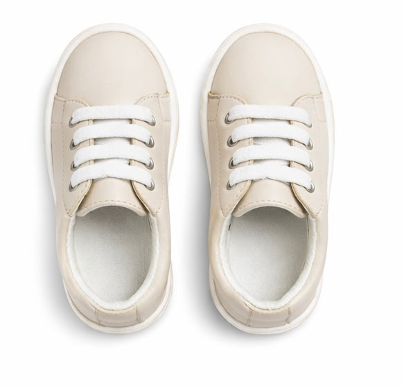 241295 Boys Andanines Plain Leather Lace Up Smart Trainers Beige