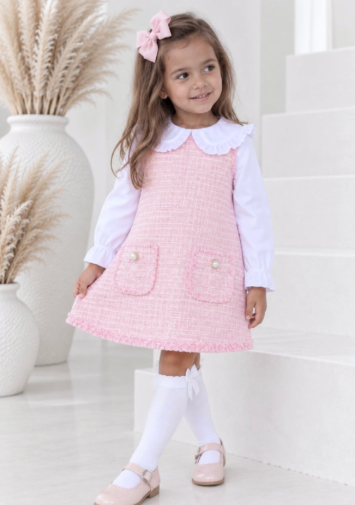 Alaska Girls Tweed look Shimmer Shirt Dress Pink