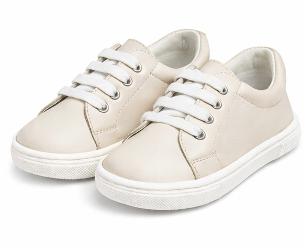 241295 Boys Andanines Plain Leather Lace Up Smart Trainers Beige