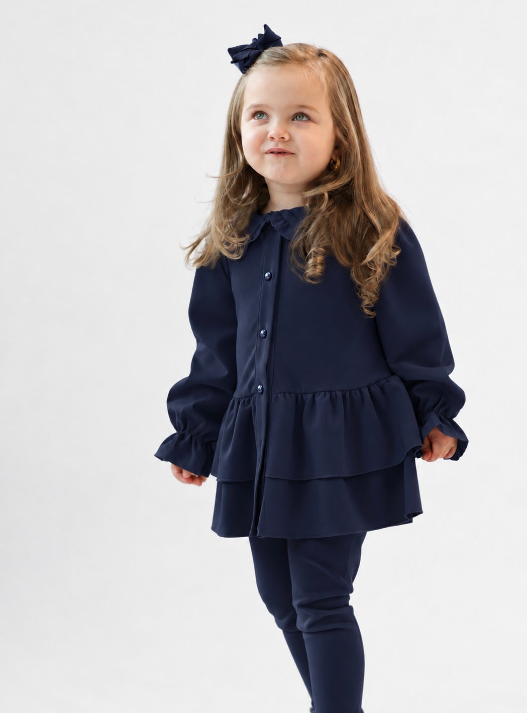 Elsie Luxe Girls Pearl Button Top & Legging Tracksuit Set Navy