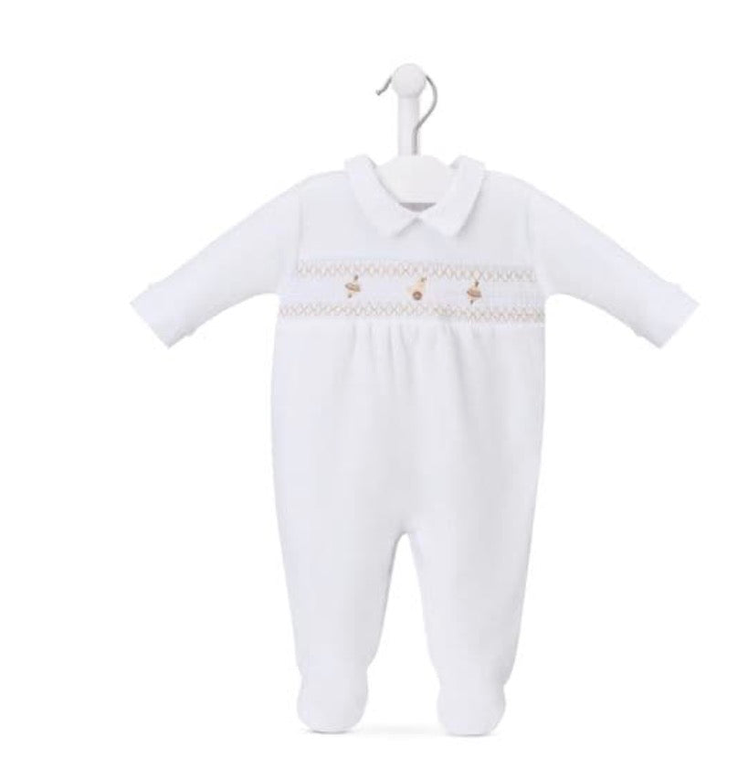 AV2078 Spinning Top Smocked Babygrow White