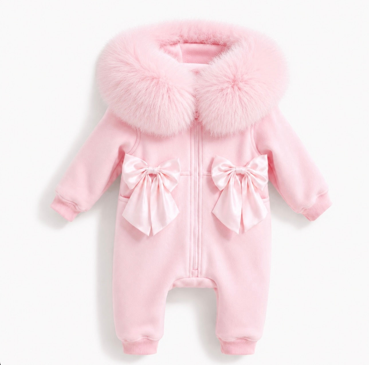 Evabella Faux Fur Bow Pramsuit Pink