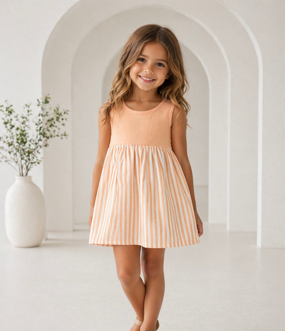21331 Girls Back Bow Stripe Coral Dress