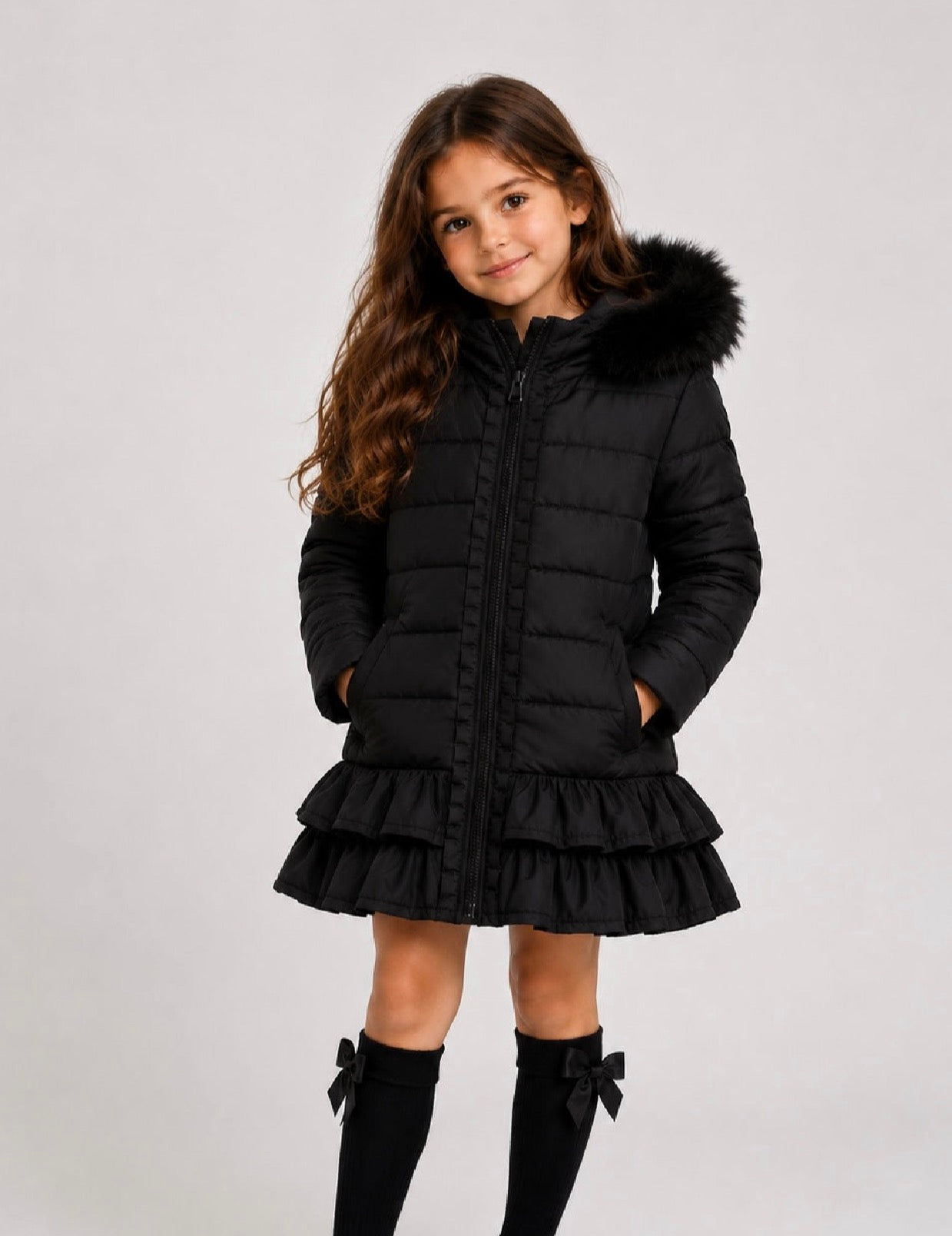 Violet Girls Padded Faux Fur Frilly Ruffle Coat Black