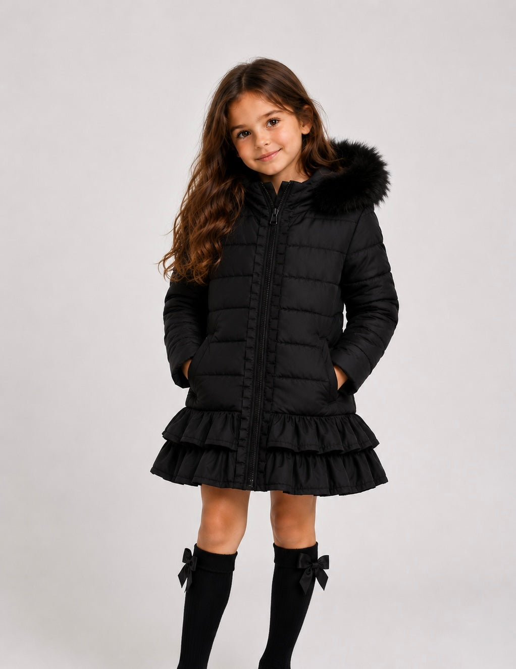 Violet Girls Padded Faux Fur Frilly Ruffle Coat Black