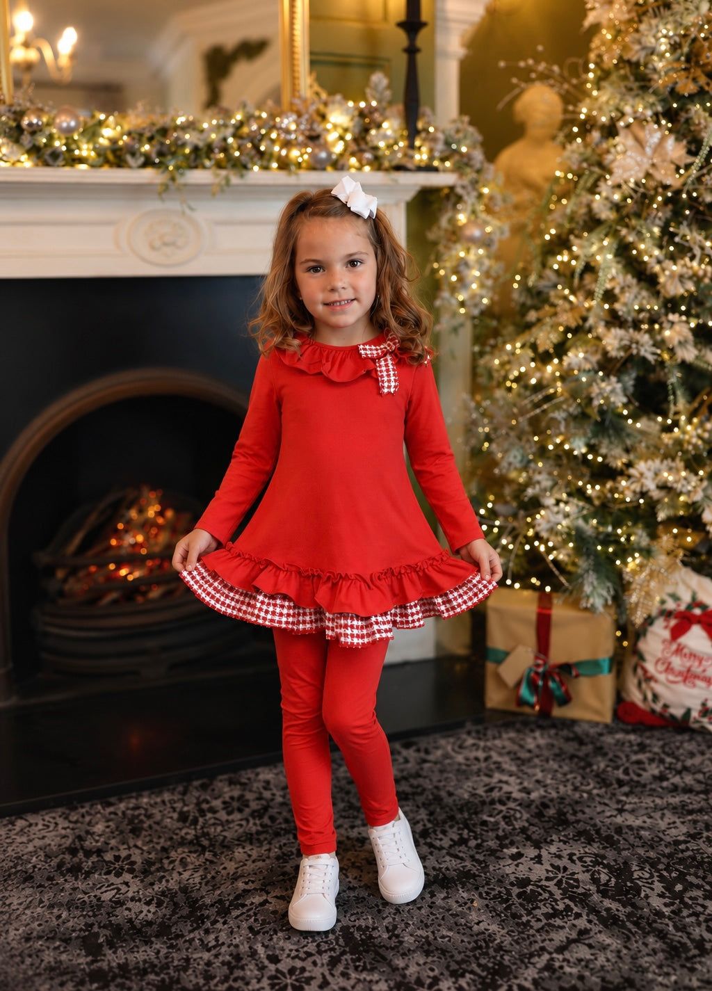 Hannah Girls Tweeded Frilly Bow Tracksuit Red