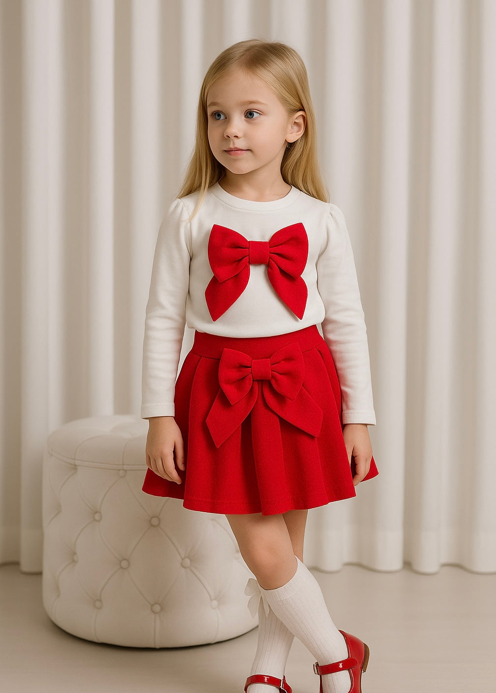 Girls Bow Skirt Set Red
