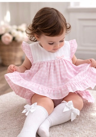 26103 Baby Girls Pink Checked Frilly Dress