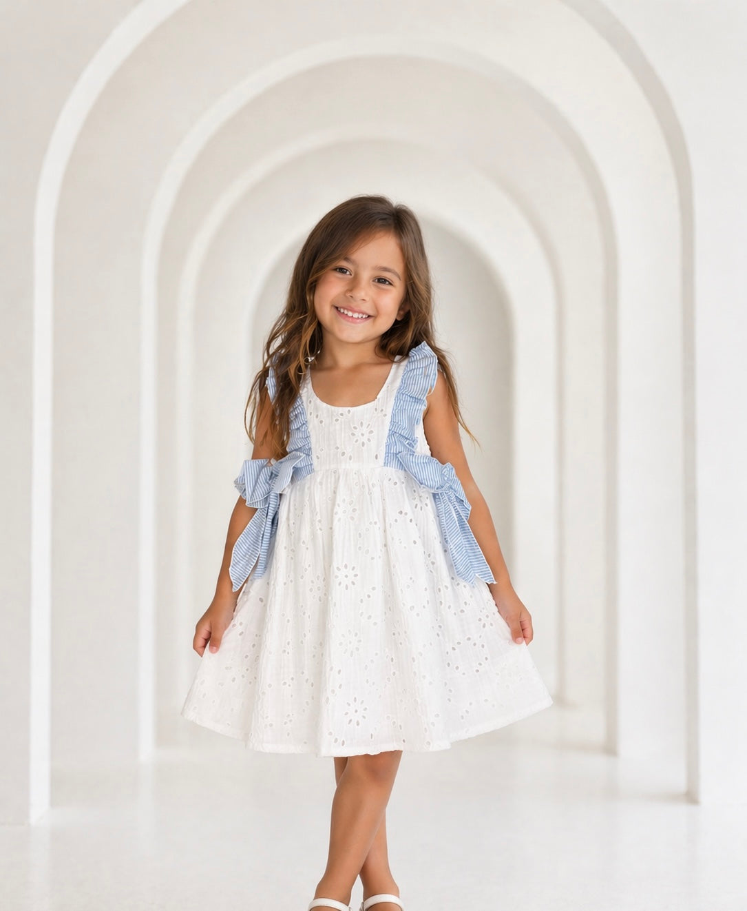 21329 Girls Embroidery Anglaise Dress White/Blue