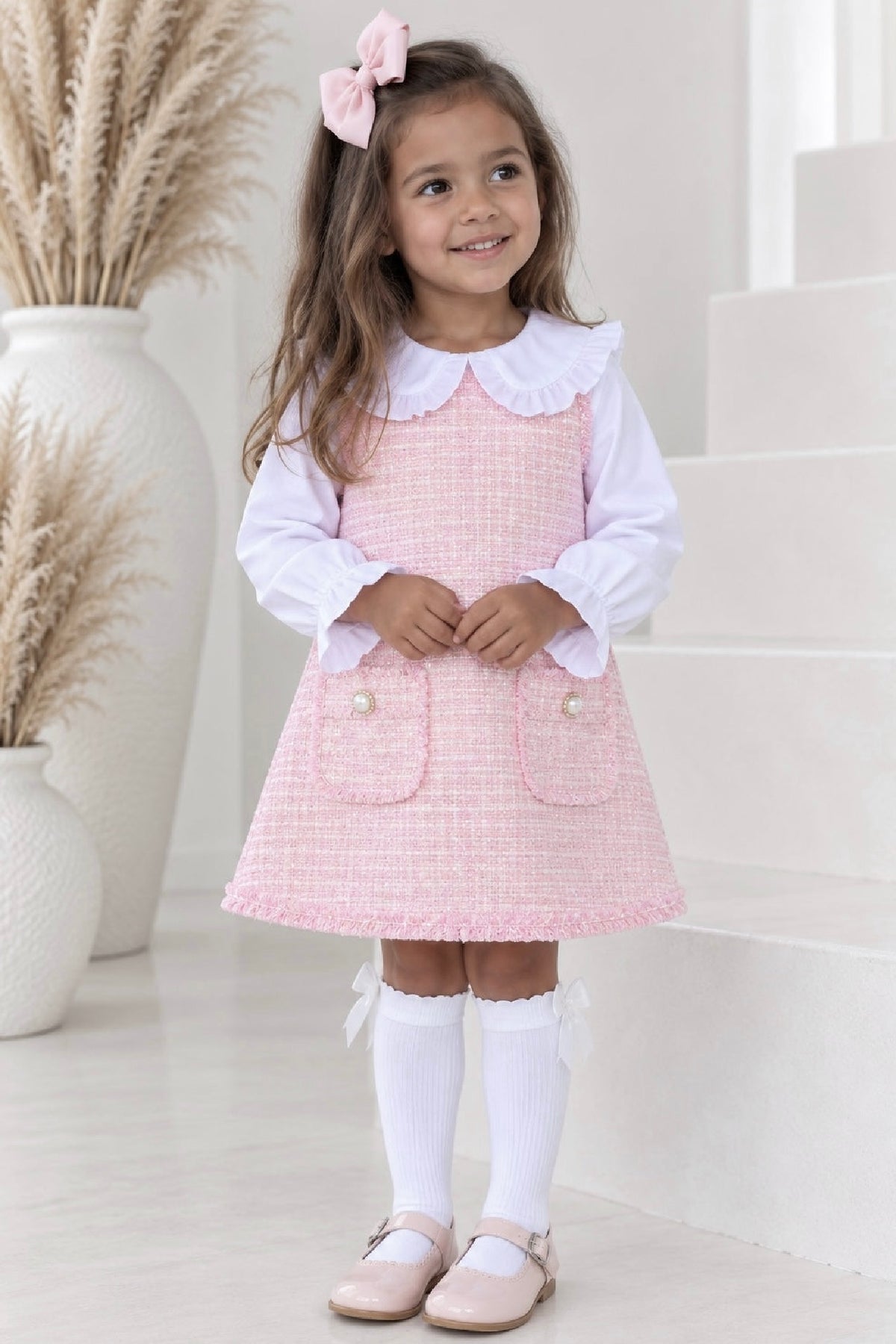 Alaska Girls Tweed look Shimmer Shirt Dress Pink