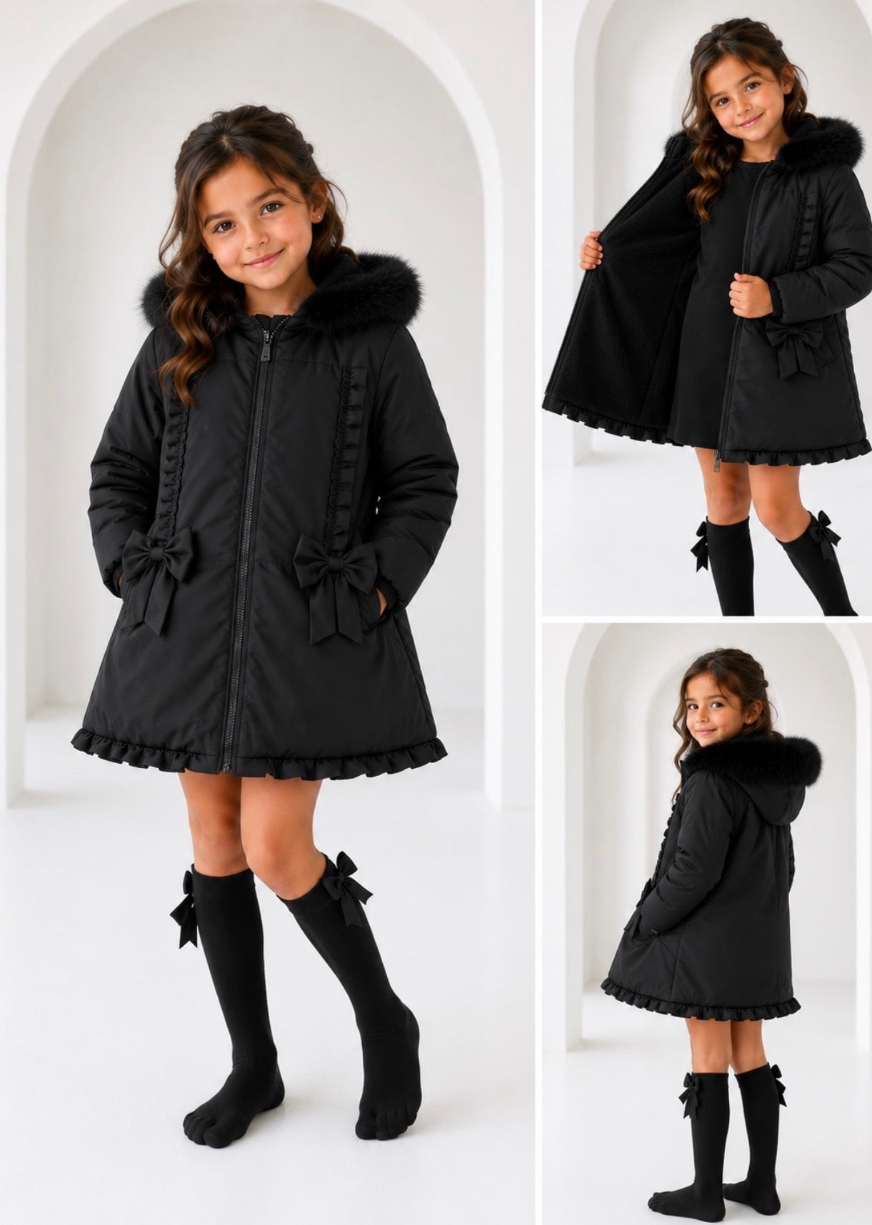 PRE ORDER Scarlet Girls Padded Faux Fur Hood Frilly Bow Coat Black