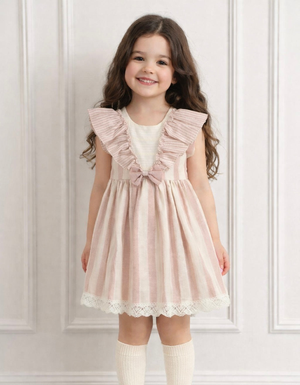 26545 Older Girls Pink & Beige Stripe Bow Dress
