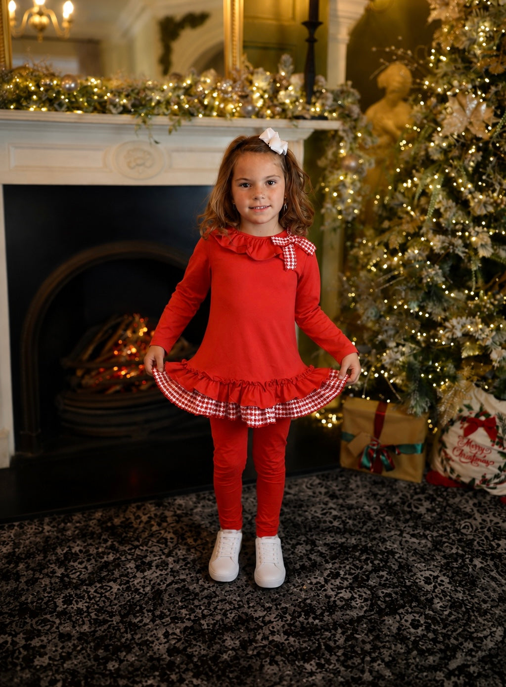 Hannah Girls Tweeded Frilly Bow Tracksuit Red