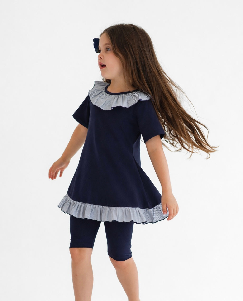 Montana 3 Piece Girls Frilly Top, Leggings & Cycling Shorts Set Navy