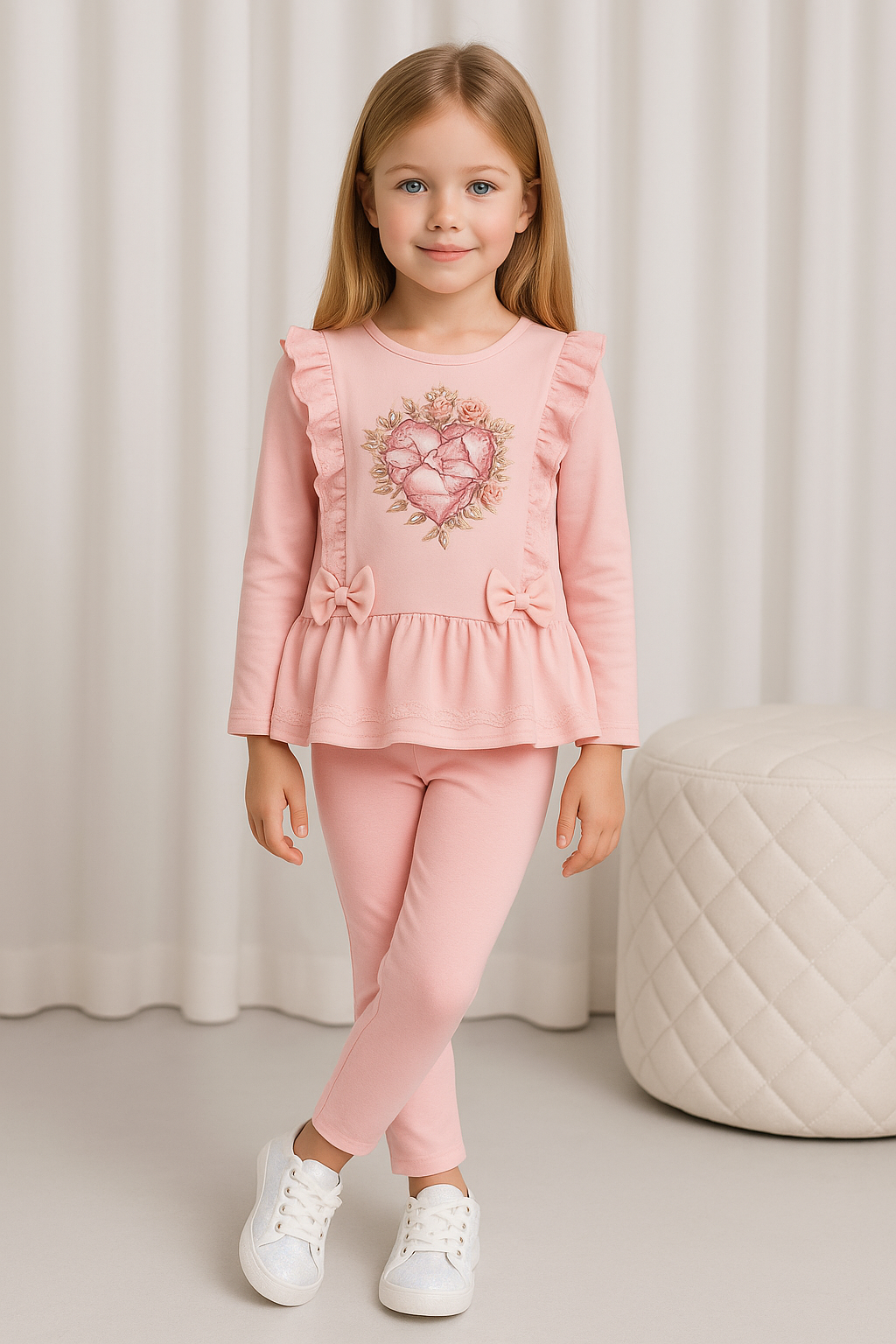 Girls Pink Heart Diamanté Legging Set