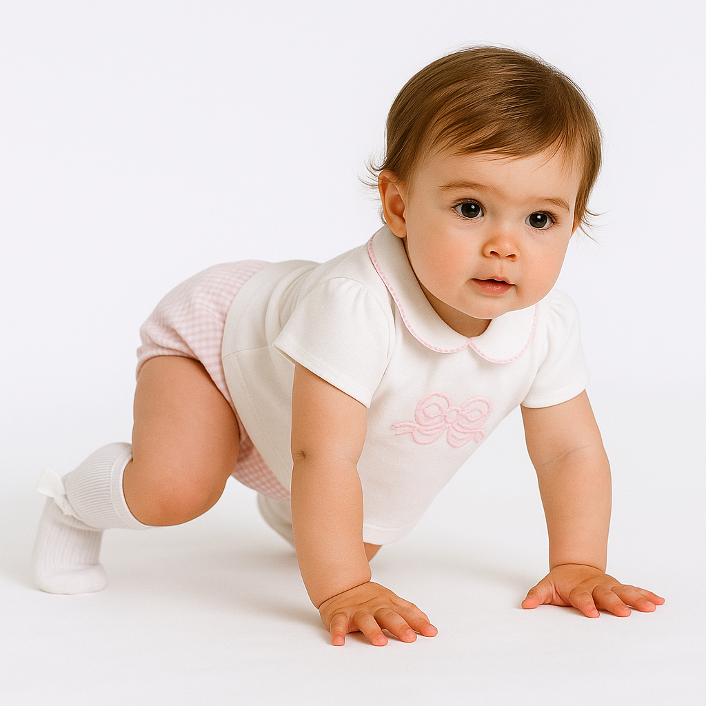 Gingham Bow Girls Short Set Outfit Pink
