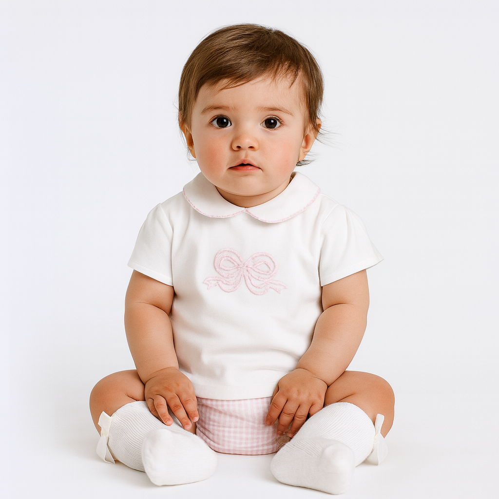 Gingham Bow Girls Short Set Outfit Pink