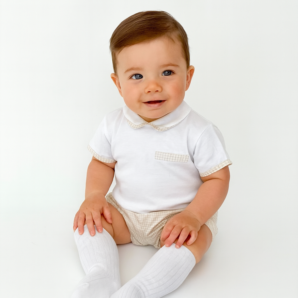 Gingham Boys Shorts Set Beige