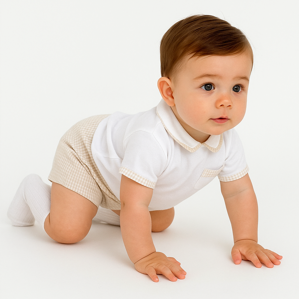 Gingham Boys Shorts Set Beige