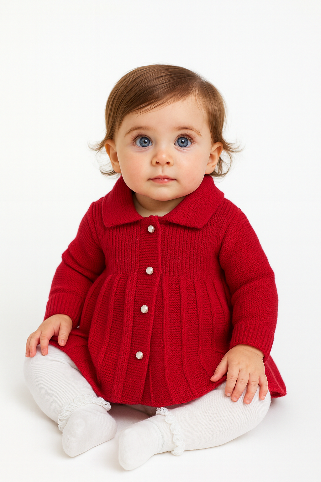A4043 Red Knitted Coat with Pearl Buttons