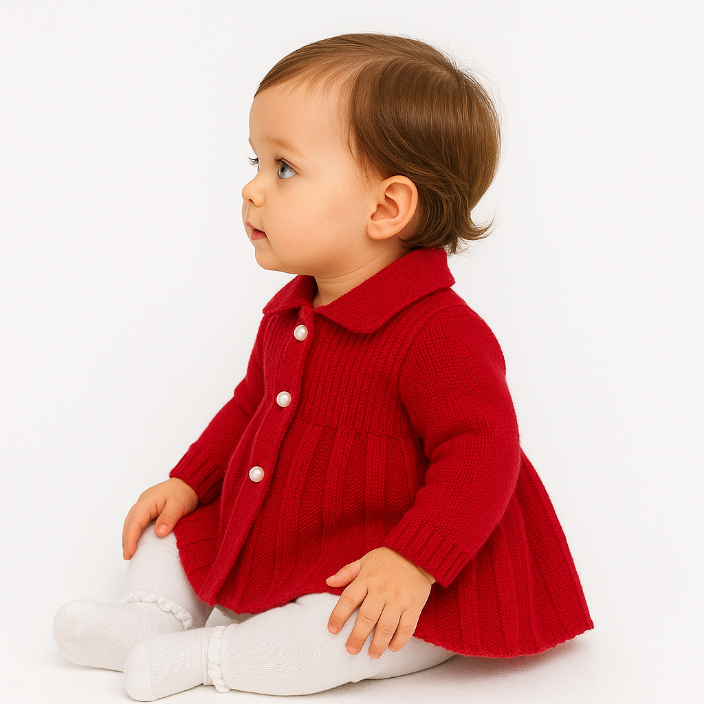 A4043 Red Knitted Coat with Pearl Buttons