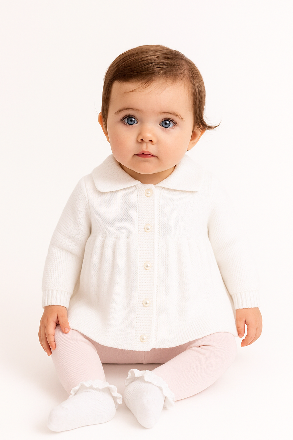 A4043 White Knitted Coat with Pearl Buttons