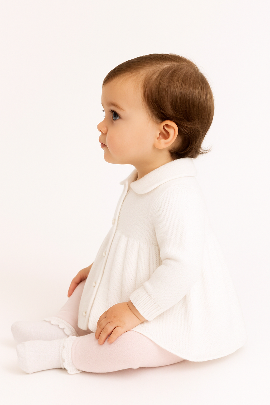 A4043 White Knitted Coat with Pearl Buttons