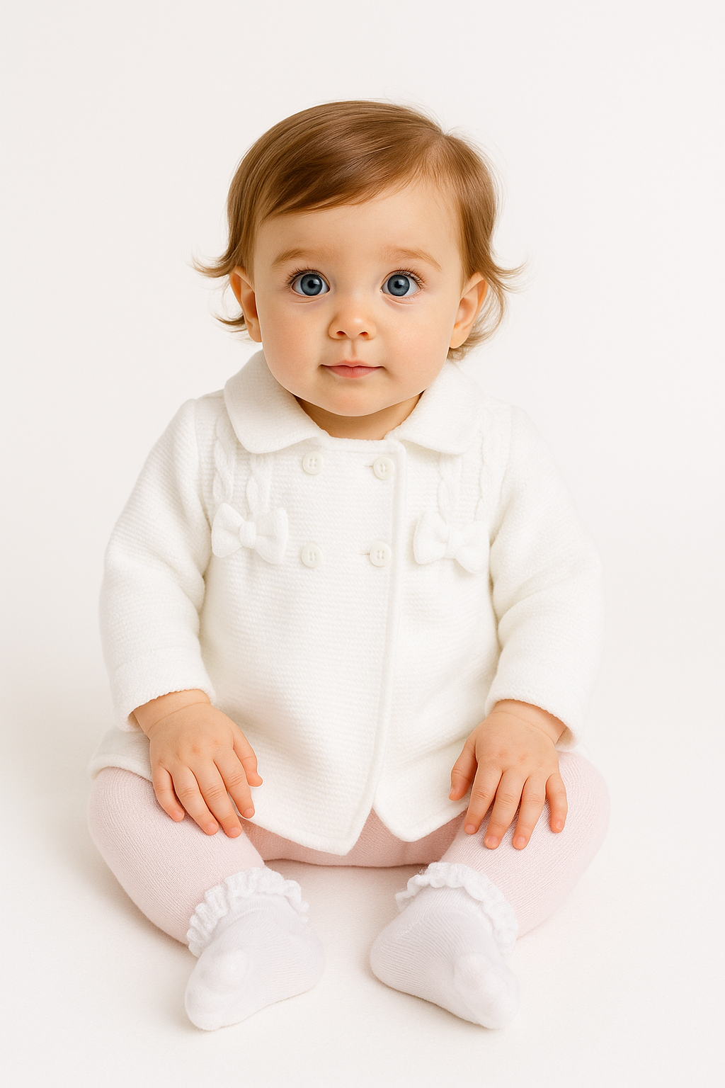 23VE-302 Baby Girls White Knitted Bow Cardigan Jacket