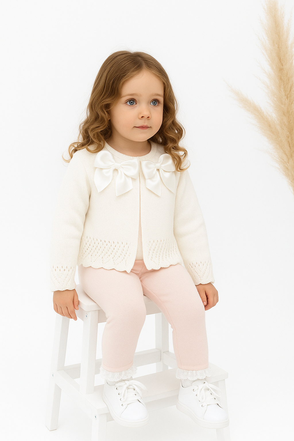 Girls Double Ribbon Bow Knitted Cardigan White