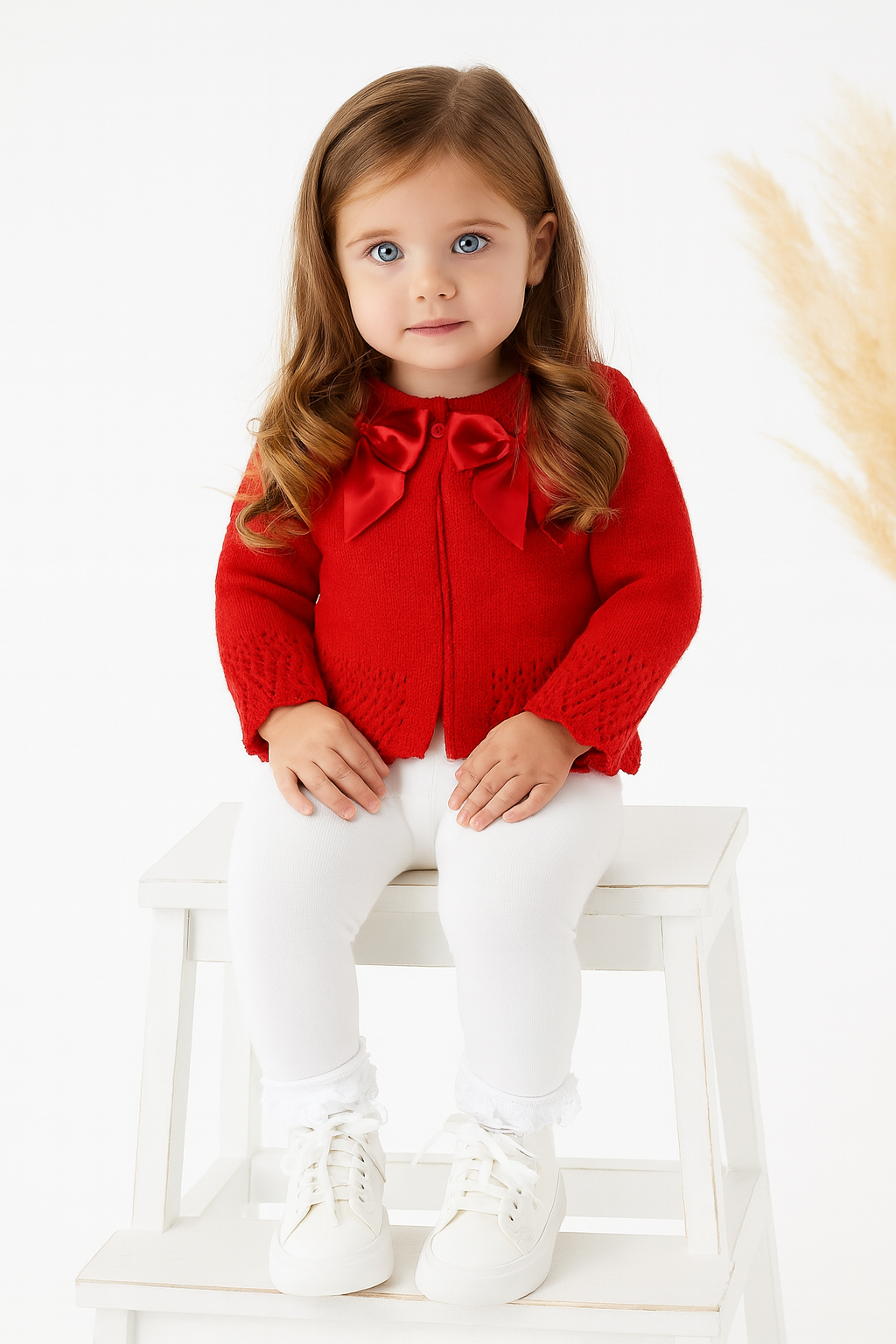 Girls Double Ribbon Knitted Bow Cardigan Red