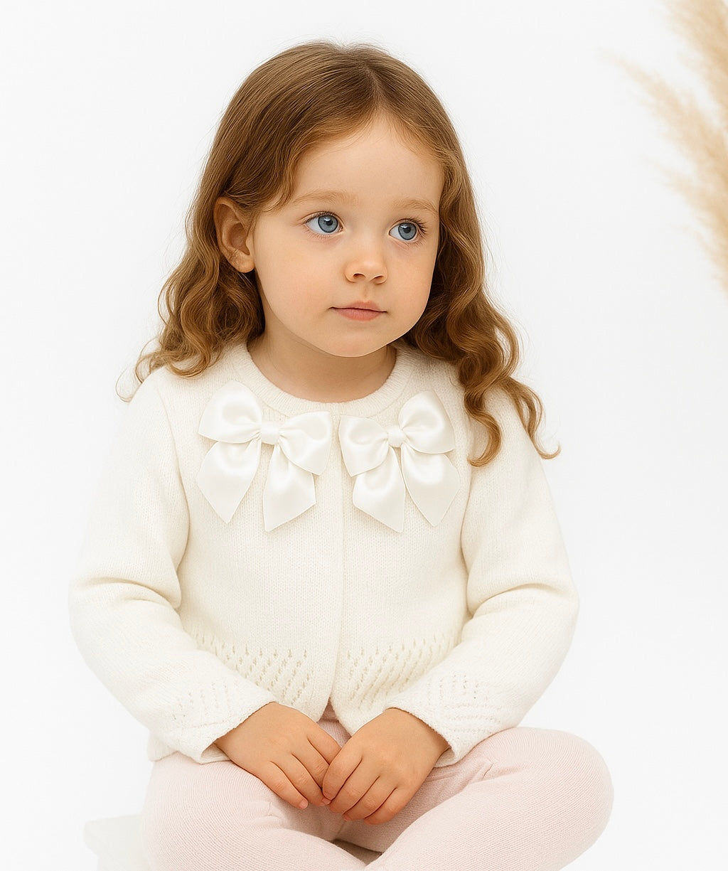 Girls Double Ribbon Bow Knitted Cardigan White