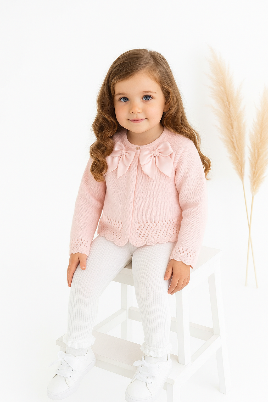 Girls Double Ribbon Bow Cardigan Pink