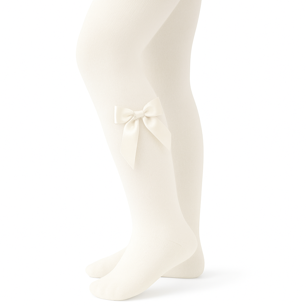UKSAT Girls Cream Ribbon Bow Tights