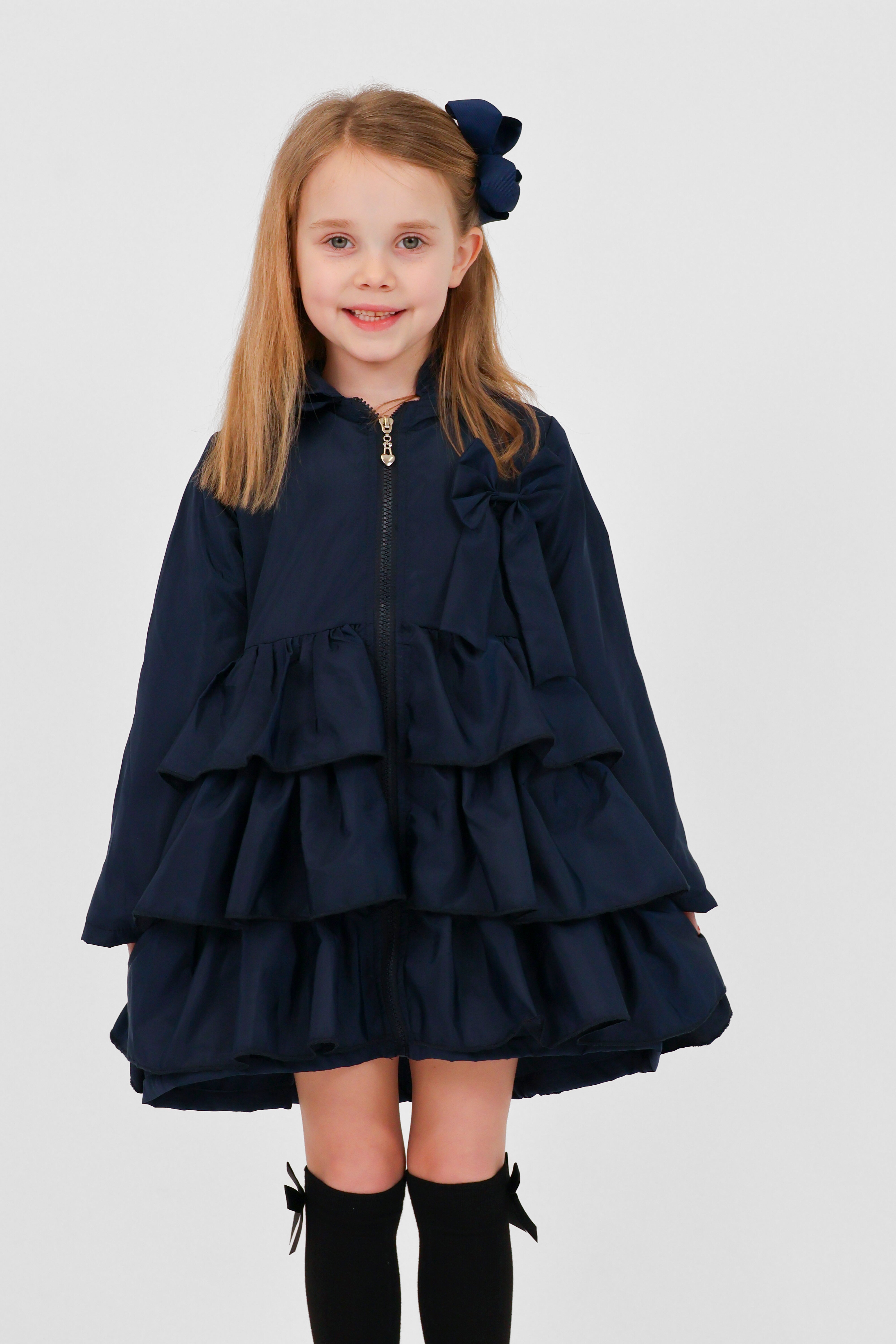 Pixie Girls Frilly Bow Fleece Lined Rain Jacket Navy
