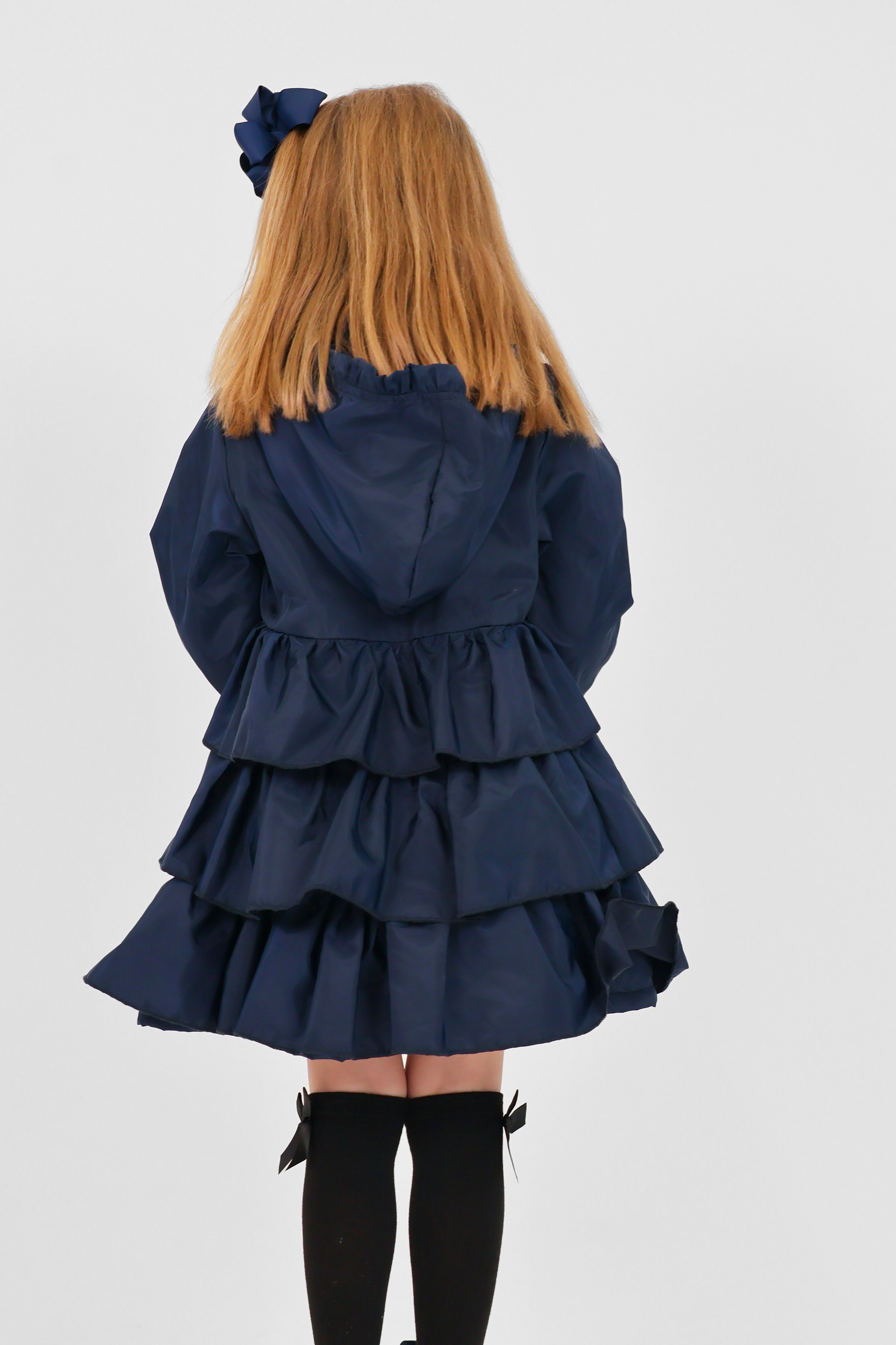 Pixie Girls Frilly Bow Fleece Lined Rain Jacket Navy