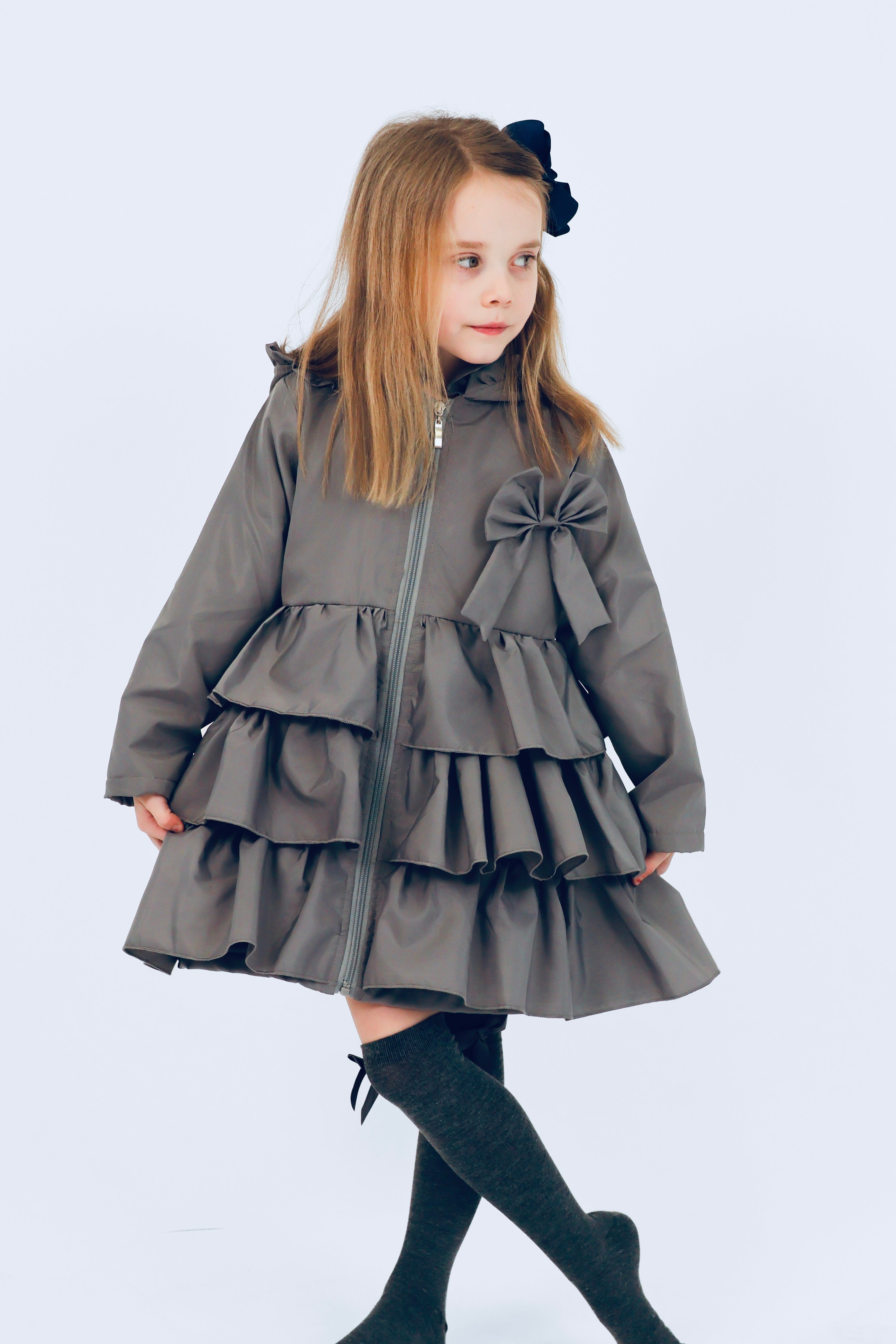 Pixie Girls Frilly Bow Fleece Lined Rain Jacket Grey