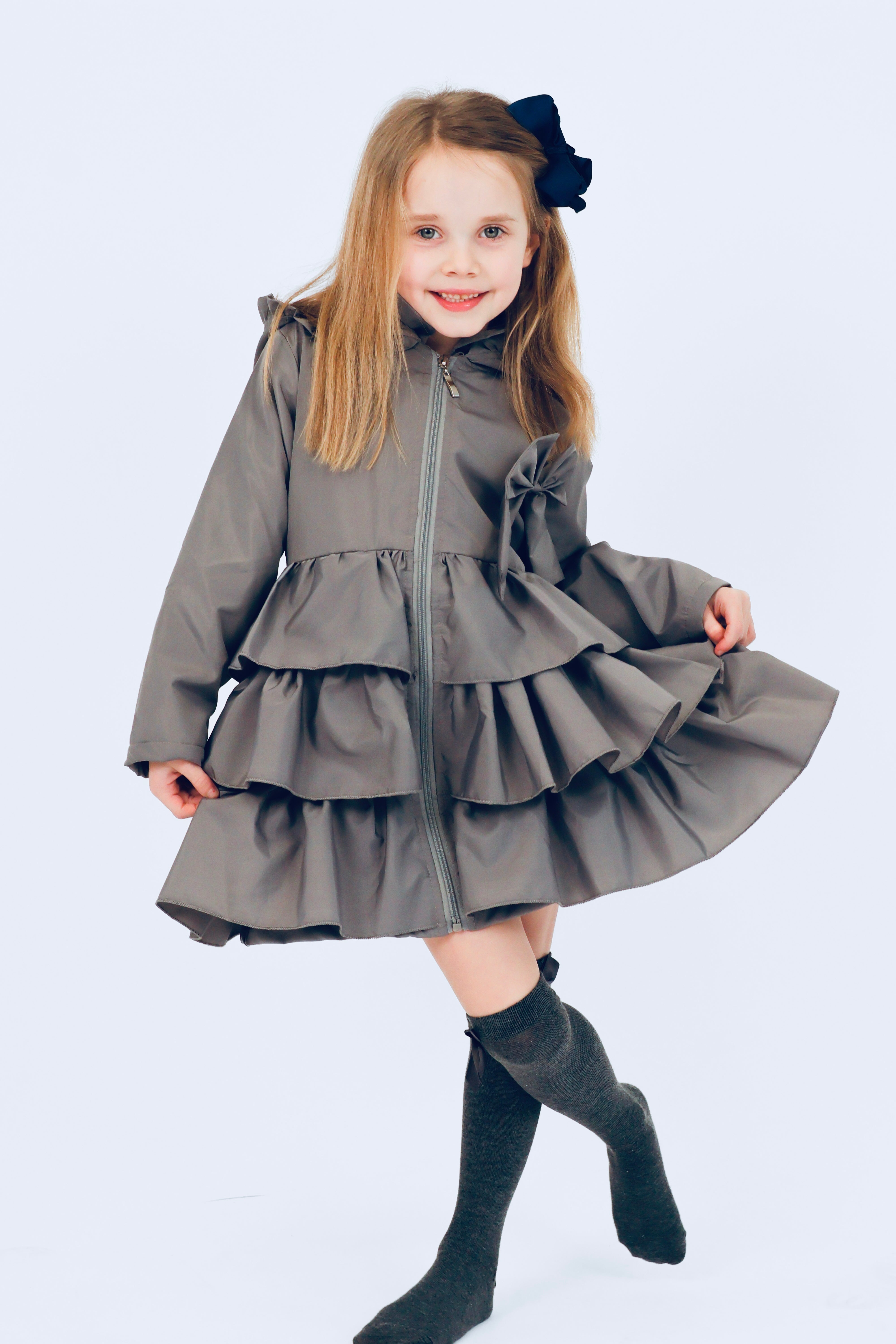 Pixie Girls Frilly Bow Fleece Lined Rain Jacket Grey