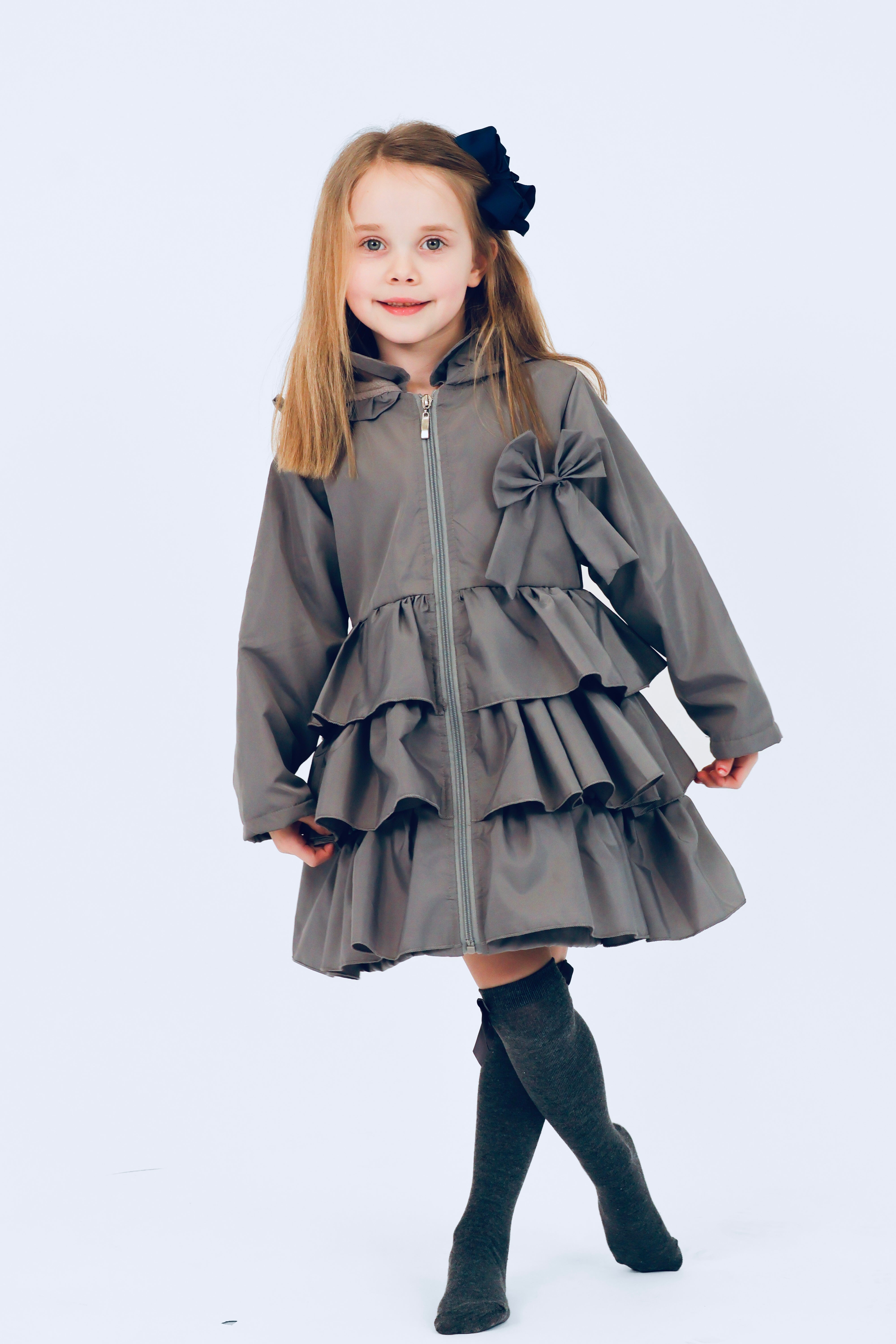 Pixie Girls Frilly Bow Fleece Lined Rain Jacket Grey