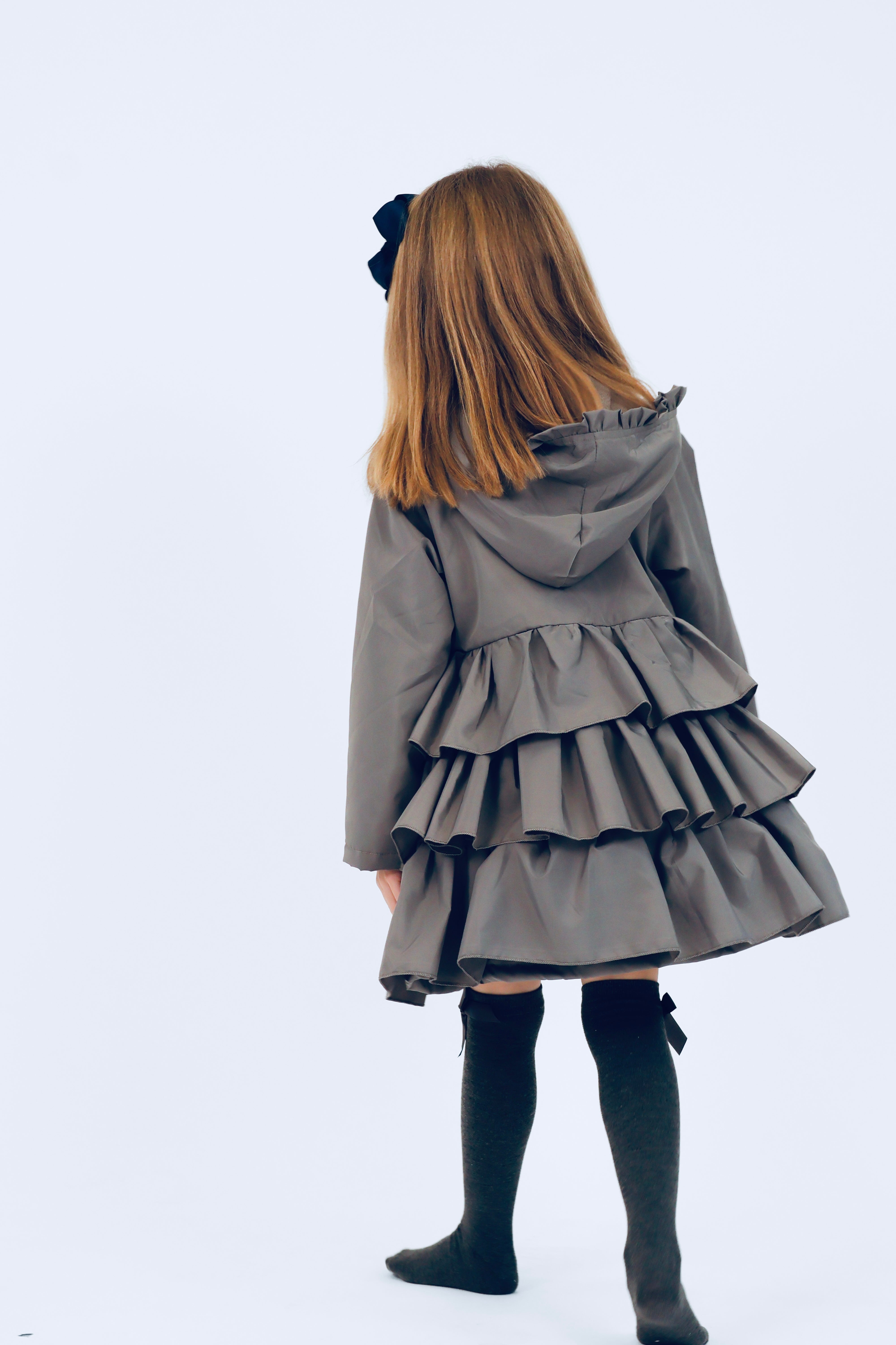 Pixie Girls Frilly Bow Fleece Lined Rain Jacket Grey