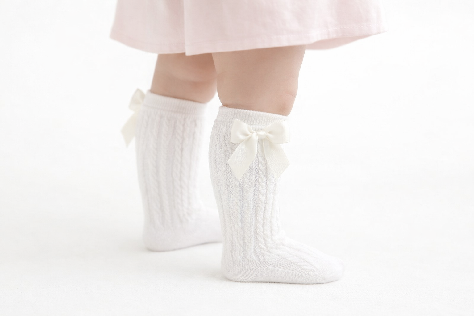 Baby Girls Long Gathered Bow Socks White