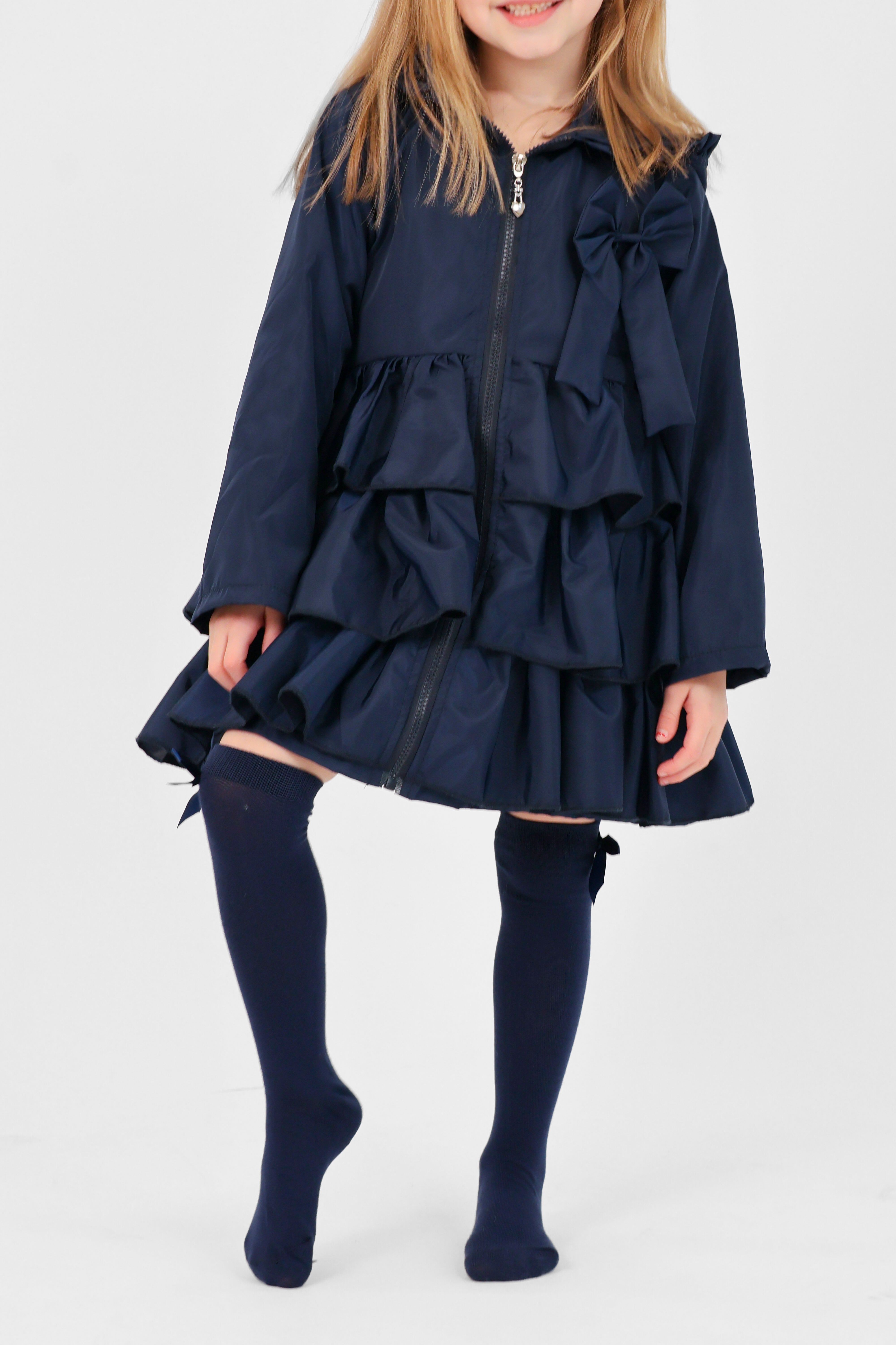 Pixie Girls Frilly Bow Fleece Lined Rain Jacket Navy