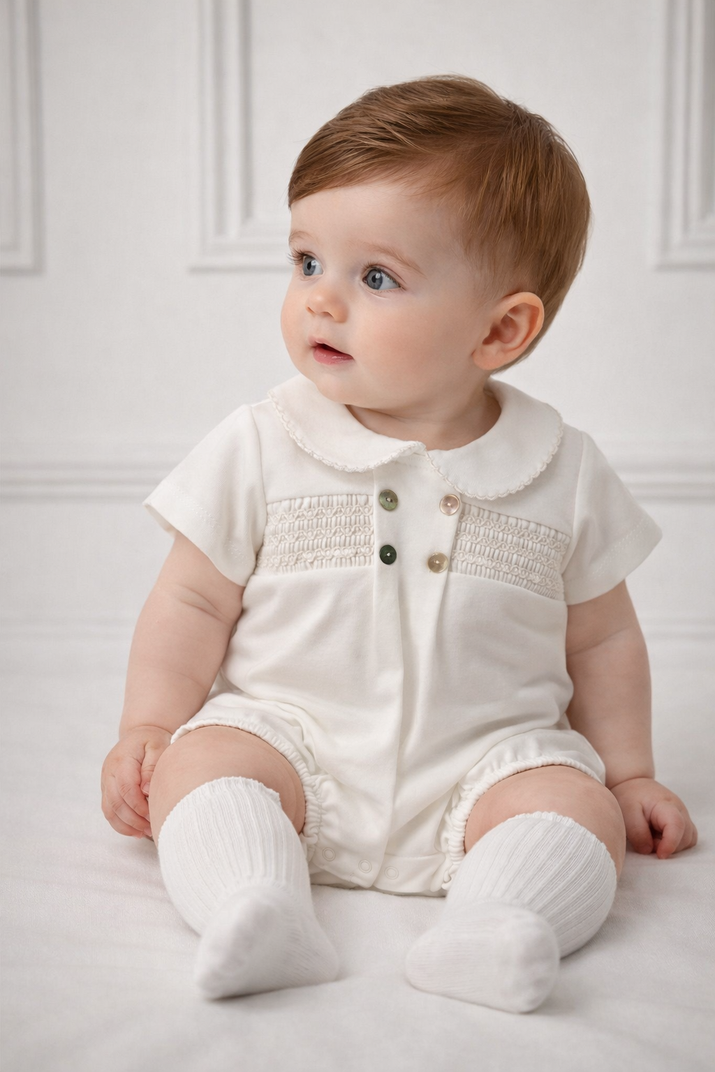 Baby Boys Pex Smocked Ivory Romper