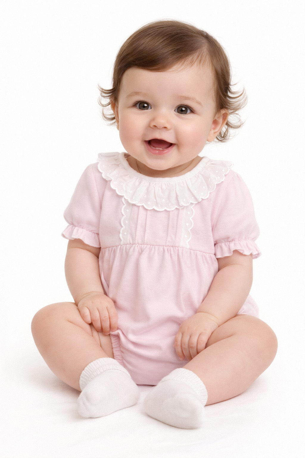 24HA-317 Baby Girls Frilly Collar Pink Cotton Romper