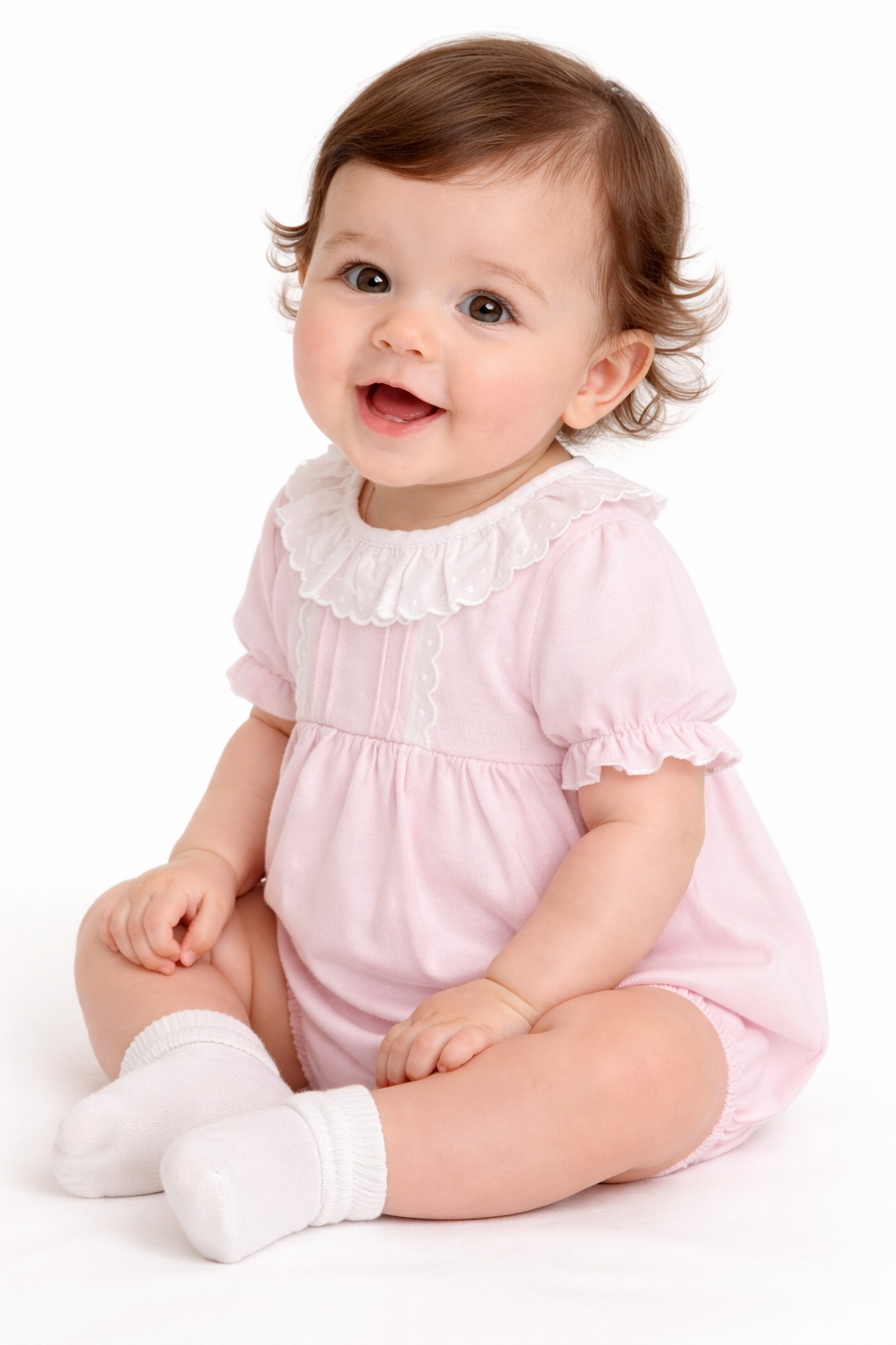 24HA-317 Baby Girls Frilly Collar Pink Cotton Romper