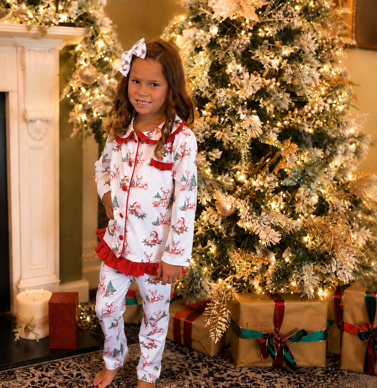 Vintage Toile Christmas Girls Frilly Collar Pyjamas