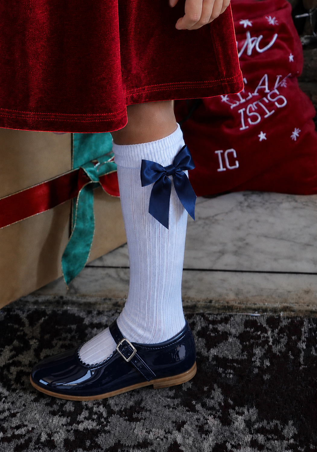 Gigi Girls Velvet Dress Socks & Hair Bow Red