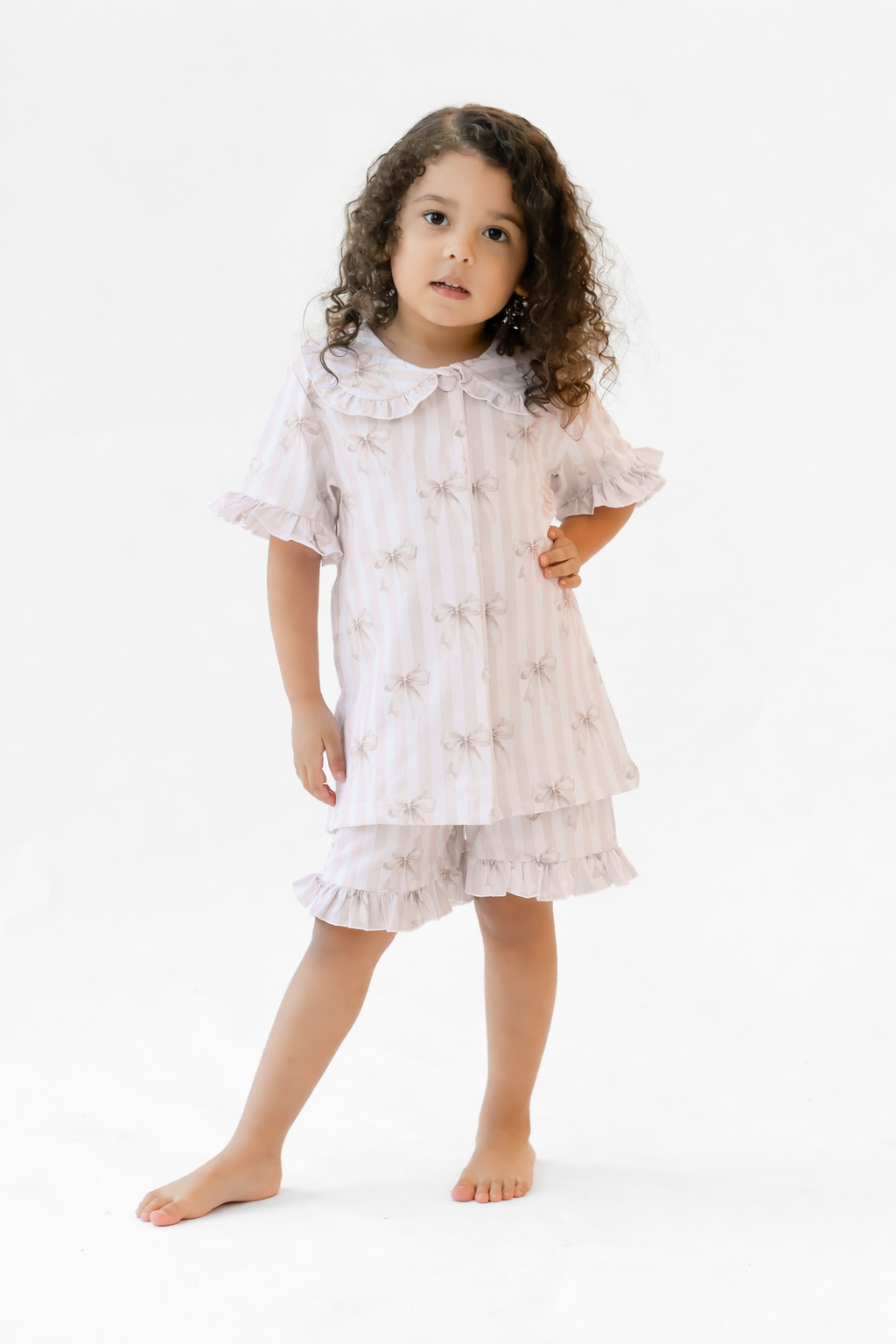 Beige Stripe Bow Short Sleeve Girls Frilly Pyjamas