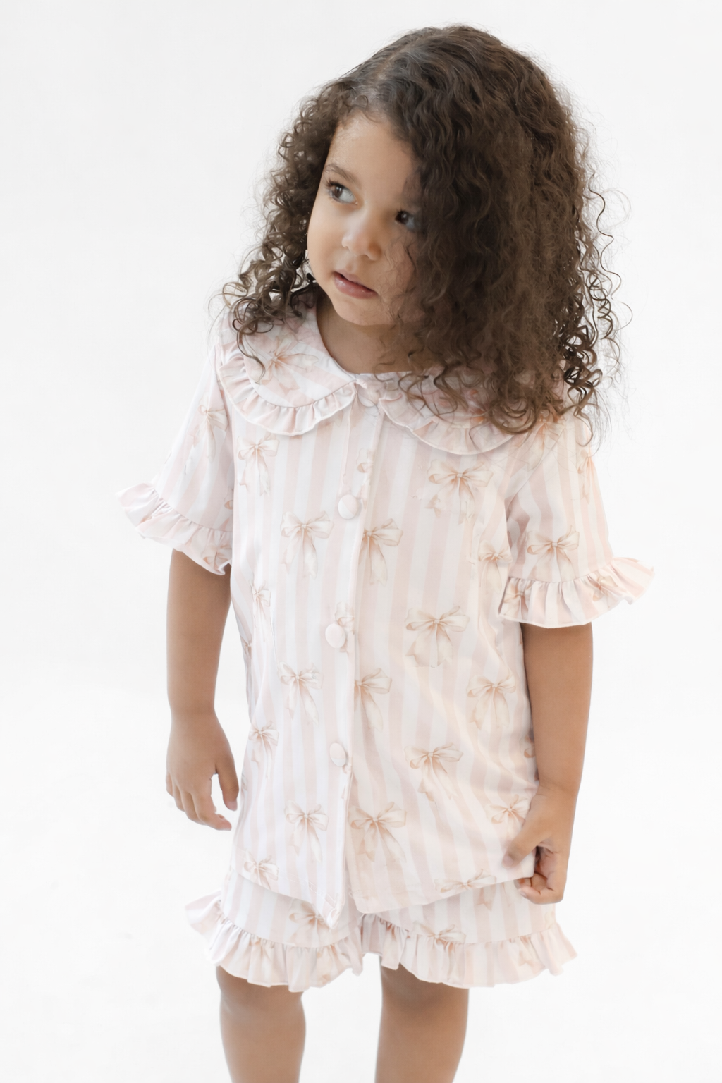 Beige Stripe Bow Short Sleeve Girls Frilly Pyjamas