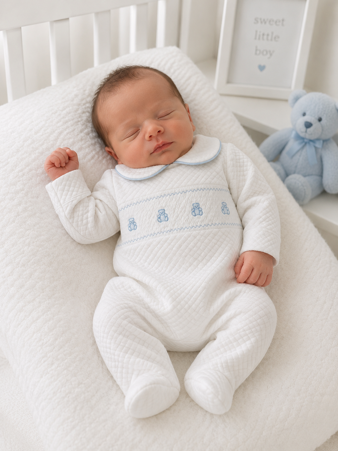 K30 White & Blue Teddy Embroidered Babygrow